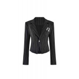 Hot girl suit with corset-style cut, striped embroidery, shoulder pads, jacket, low-waist silver buckle shorts, fashion set