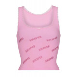 -style pink lace camisole with rhinestone letter logo, stretchy and slimming