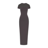 NEW VINTAGE Long Dress with Slit Ribbed Bodycon Dress Short Sleeve Long Dress