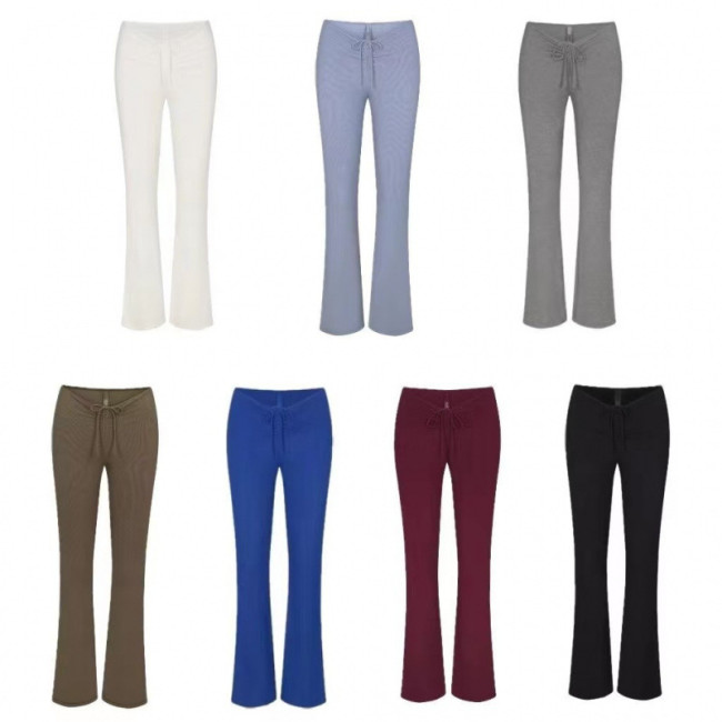 -style drawstring ruched haze blue casual pants for women, slimming and slightly flared women's casual pants