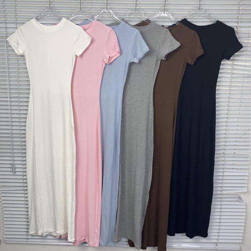 In stock:  new high-quality  N ribbed bodycon dress with short sleeves and back slit