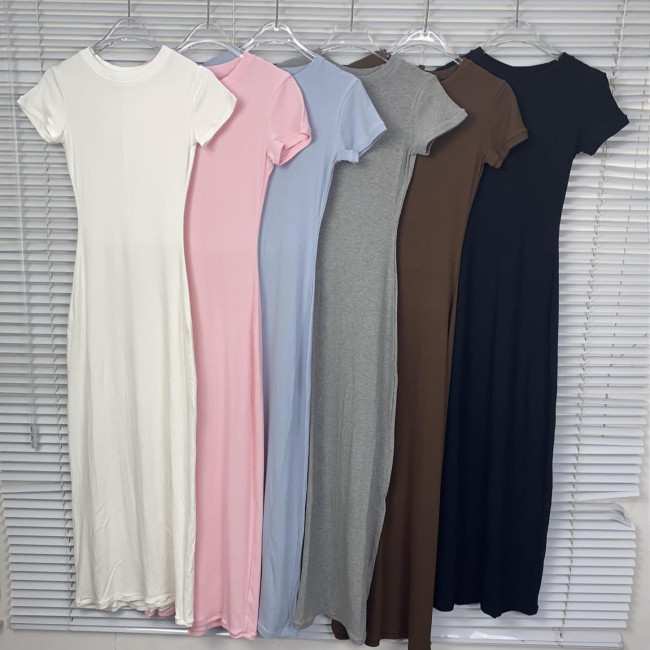 In stock:  new high-quality  N ribbed bodycon dress with short sleeves and back slit