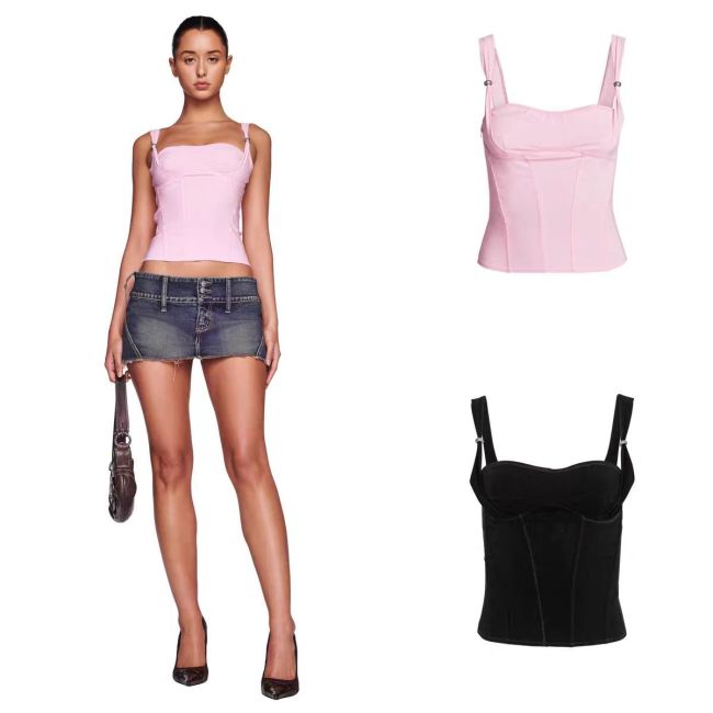 European and American street style sexy elastic metal buckle patchwork camisole crop top