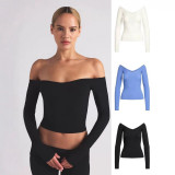 SOFT LOUNGE OFF THE SHOULDER TOP Ribbed Off-Shoulder Long Sleeve T-Shirt
