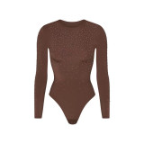 -style long-sleeve rhinestone embellished sexy one-piece top, waist-cinching, slimming, body-shaping T-shirt, versatile style