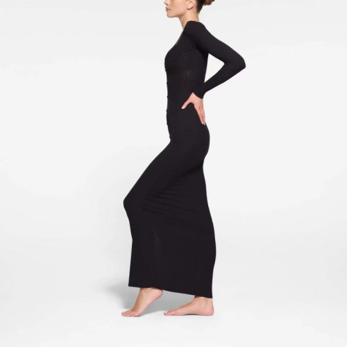 SOFT LOUNGE LACE New Ribbed Lace Trim Faux Two-Piece Long Sleeve Slim Dress
