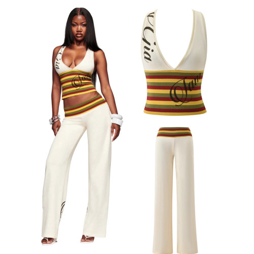 Hot Girl Outfit: American Retro Striped Halter Neck Tank Top and Low-Waist Casual Pants Two-Piece Set