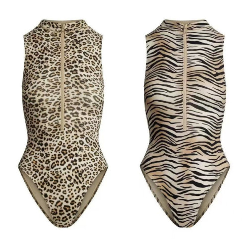 SIGNATURE SWIM BIKINI TOP sexy zipper top leopard print one-piece swimsuit