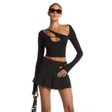 Asymmetrical sexy top with chest cutout, tight-fitting, long-sleeved, cropped, off-shoulder, sexy high-waisted, ring-buckle T-shirt