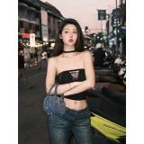Hot girl slim-fit printed strapless top, pure desire style, hollow-out short off-shoulder sexy tank top, 2023 spring-summer new model