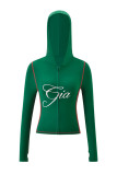 Slim-fit hooded zip-up short jacket and pants set with letter print and contrast stitching