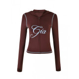 Slim-fit hooded zip-up short jacket and pants set with letter print and contrast stitching