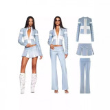 Color-blocked cross-strap pleated shoulder-sleeve zip-up PU leather jacket, pleated skirt, and pants set