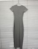 In stock:  new high-quality  N ribbed bodycon dress with short sleeves and back slit