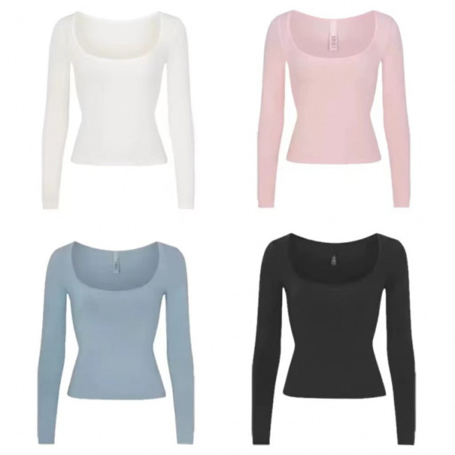 -style square-neck U-neck modal stretch slim-fit long-sleeve T-shirt women's top