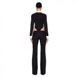 New autumn American retro black and white contrast color lapel half-zip long-sleeve slim-fit jumpsuit for hot girls