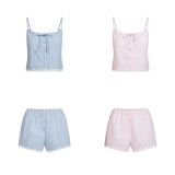 New Buttoned Lace Trim Striped Slim-Fit Camisole Set