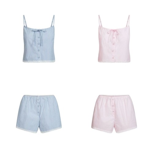 New Buttoned Lace Trim Striped Slim-Fit Camisole Set