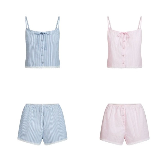 New Buttoned Lace Trim Striped Slim-Fit Camisole Set