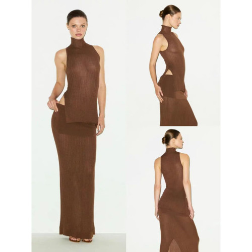 New Knitted Sleeveless High-Neck Tank Top and Bodycon Skirt Set for Women