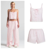 New Buttoned Lace Trim Striped Slim-Fit Camisole Set