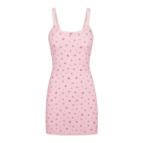 floral print pink camisole mini dress with lace trim and elastic bodycon design
