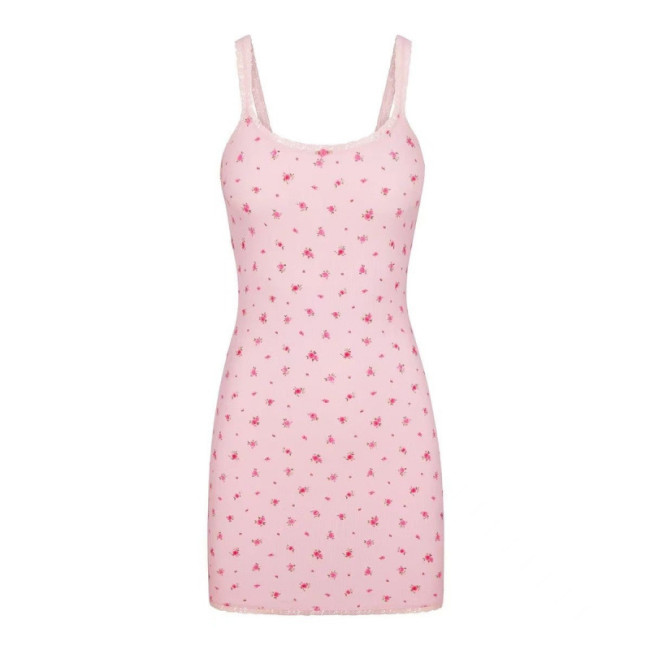 floral print pink camisole mini dress with lace trim and elastic bodycon design