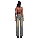 European and American hot girls' vintage-style distressed jeans, same style low-waist loose straight-leg pants