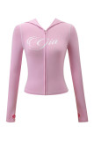 Spring pink and white color-blocked long-sleeved fashionable versatile hooded jacket cardigan in a hot girl sporty style, ultra-short length