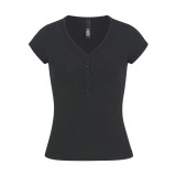 style new vintage summer short-sleeve T-shirt, pure cotton base shirt with buttoned V-neck top