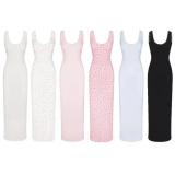 SOFT LOUNGE Lace Floral Stretch Dress Ribbed Backless Strap Long Dress