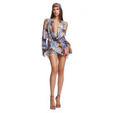 European and American sexy street style deep V-neck off-shoulder backless long-sleeve draped halter strap dress