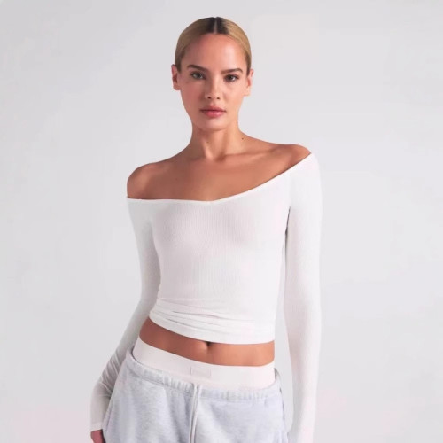 SOFT LOUNGE OFF THE SHOULDER TOP Ribbed Off-Shoulder Long Sleeve T-Shirt