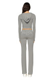 Slim-fit hooded zip-up short jacket and pants set with letter print and contrast stitching