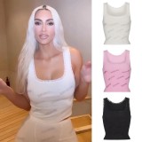 -style pink lace camisole with rhinestone letter logo, stretchy and slimming