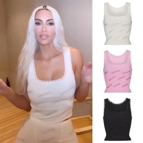 -style pink lace camisole with rhinestone letter logo, stretchy and slimming