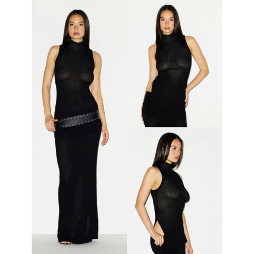 New Knitted Sleeveless High-Neck Tank Top and Bodycon Skirt Set for Women