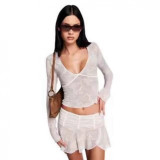 European and American hot girl pure desire lace sexy V-neck long-sleeve top with see-through design, sweet and spicy girl outfit