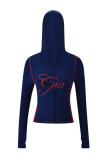 Slim-fit hooded zip-up short jacket and shorts set with letter print and contrast stitching