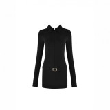 Sexy tight-fitting black long-sleeve stretchy knit polo-neck bodycon mini dress