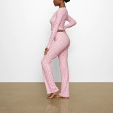 stretch ribbed knit high-waisted pants with square neckline and lace trim