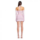 European and American hot girl light pink gentle and sexy knitted halter neck off-shoulder camisole top and short skirt set