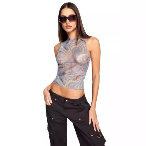 European and American hot girl's marble striped slim-fit printed sleeveless mesh halter neck top