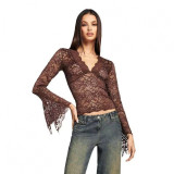 New sexy sheer top with a pure and alluring style, featuring a V-neck, hollow lace, bell sleeves, and a slim-fitting design