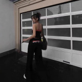 American hot girl style black and red color-blocked retro sports suit for women, with a tube top and straight wide-leg pants