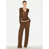 Sheer  ribbed knit V-neck buttoned long-sleeve top T-shirt henley shirt