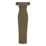 Kendall's new -style off-shoulder vertical stripe modal long dress with elastic shoulders and short sleeves