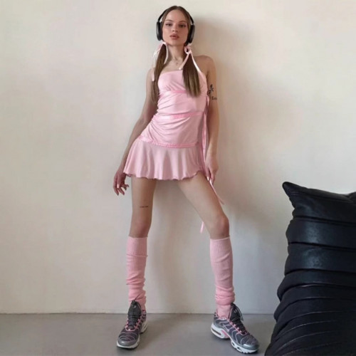 European and American sexy irregular dress in pink with sexy straps, strapless and diagonal lace trim