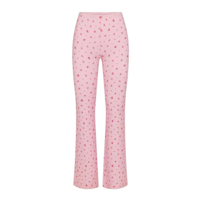 stretch ribbed knit high-waisted pants with square neckline and lace trim