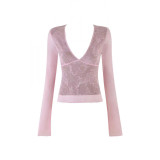 European and American hot girl pure desire lace sexy V-neck long-sleeve top with see-through design, sweet and spicy girl outfit